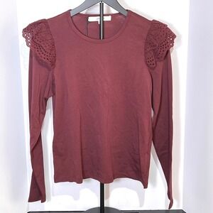 Joe's Jeans Burgundy Long Sleeve Top Eyelet Ruffle Shoulder Womens‎